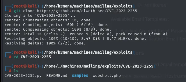 el repo de CVE-2023-2255 clonado: CVE-2023-2255.py, samples y webshell.php