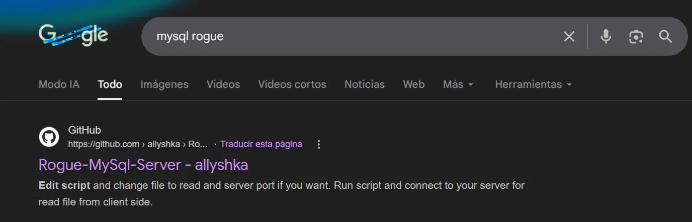 la búsqueda de "mysql rogue" devuelve el repositorio allyshka/Rogue-MySql-Server como primer resultado