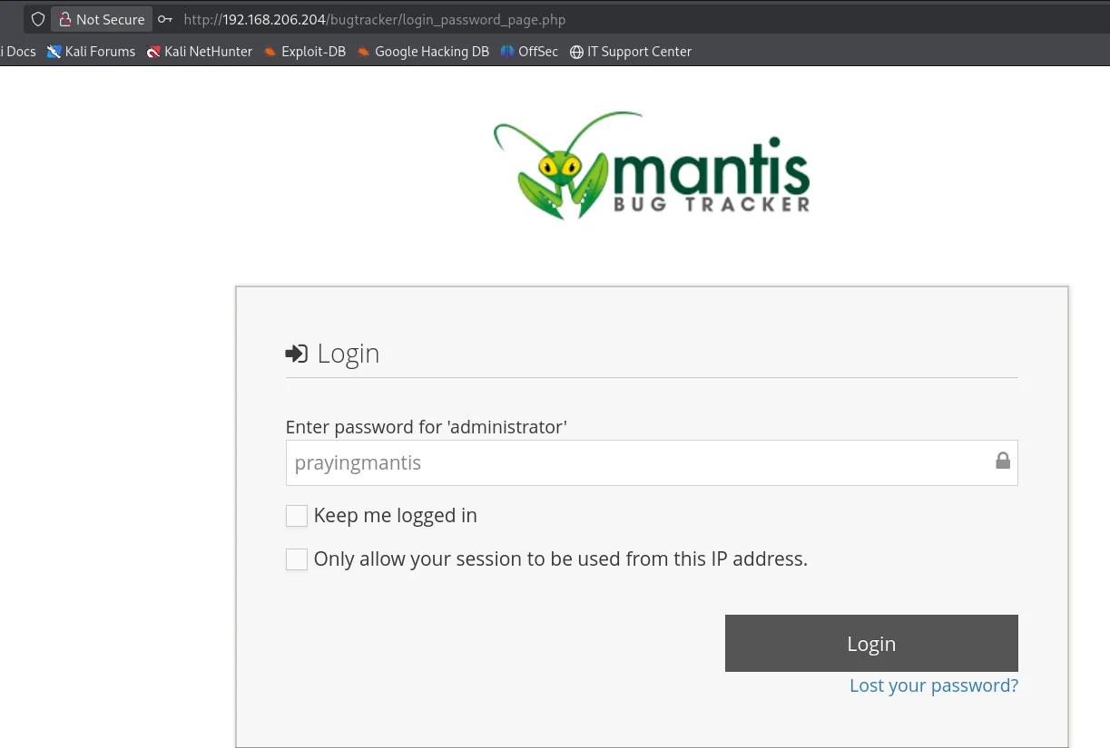 el login de MantisBT pidiendo la contraseña del usuario administrator, con prayingmantis escrito en el campo