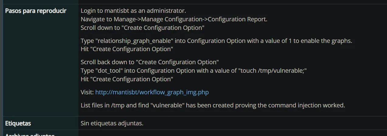 los pasos de reproduccion del bug 0026091: activar relationship_graph_enable a 1, poner dot_tool con un comando y visitar workflow_graph_img.php