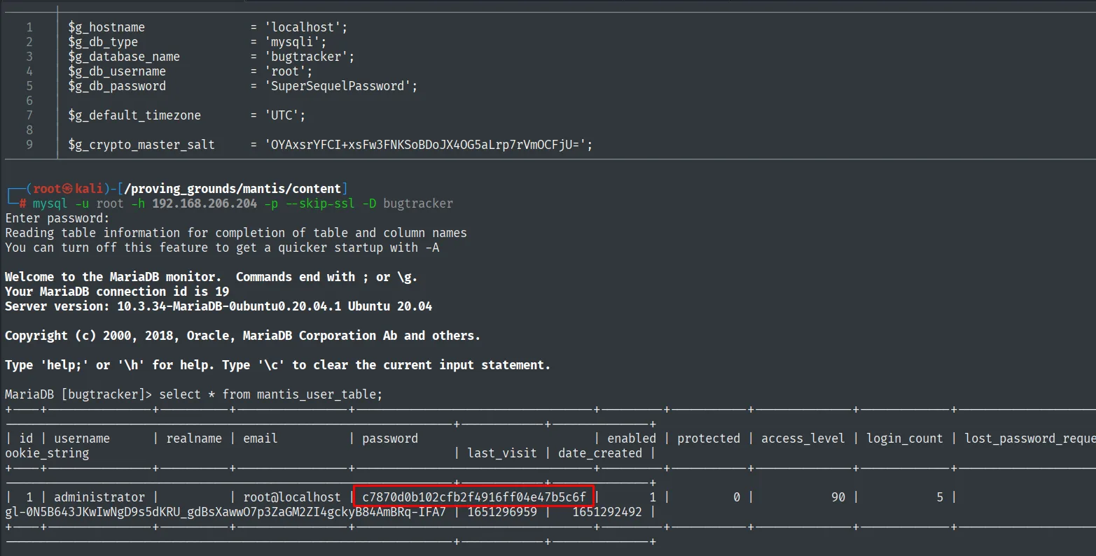 El cliente mysql conectado a la MariaDB del objetivo, con el hash del administrador en mantis_user_table