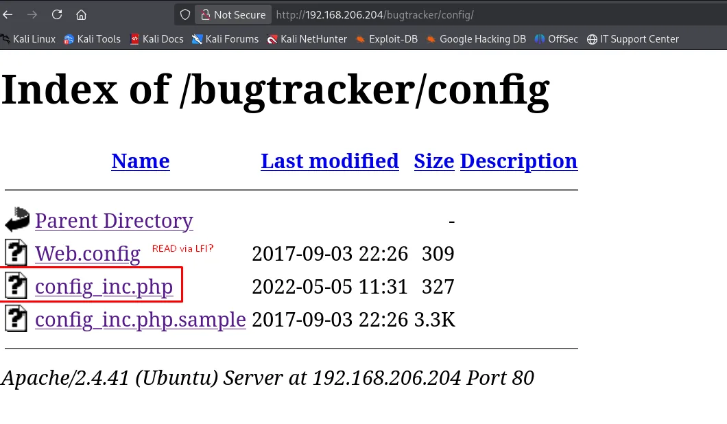 Listado de /bugtracker/config con config_inc.php de 327 bytes