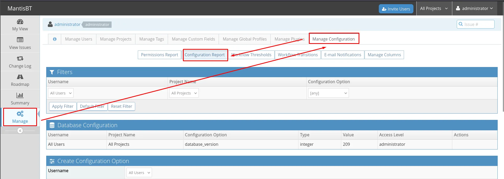Ruta hasta el Configuration Report dentro de Manage Configuration