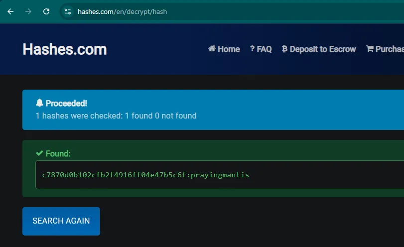hashes.com resuelve el MD5 del administrador a prayingmantis