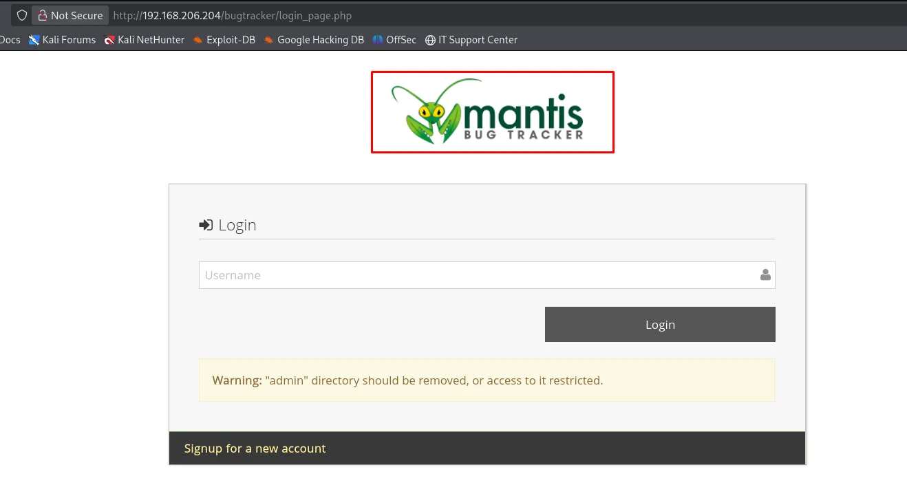 Login de MantisBT con el aviso de que el directorio admin debería haberse eliminado