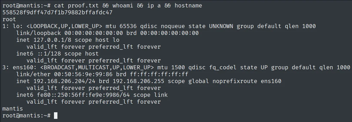 proof.txt leída como root en mantis