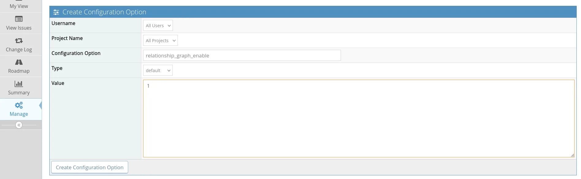 Create Configuration Option con relationship_graph_enable a 1