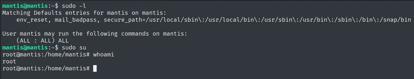sudo -l muestra (ALL : ALL) ALL y sudo su devuelve root
