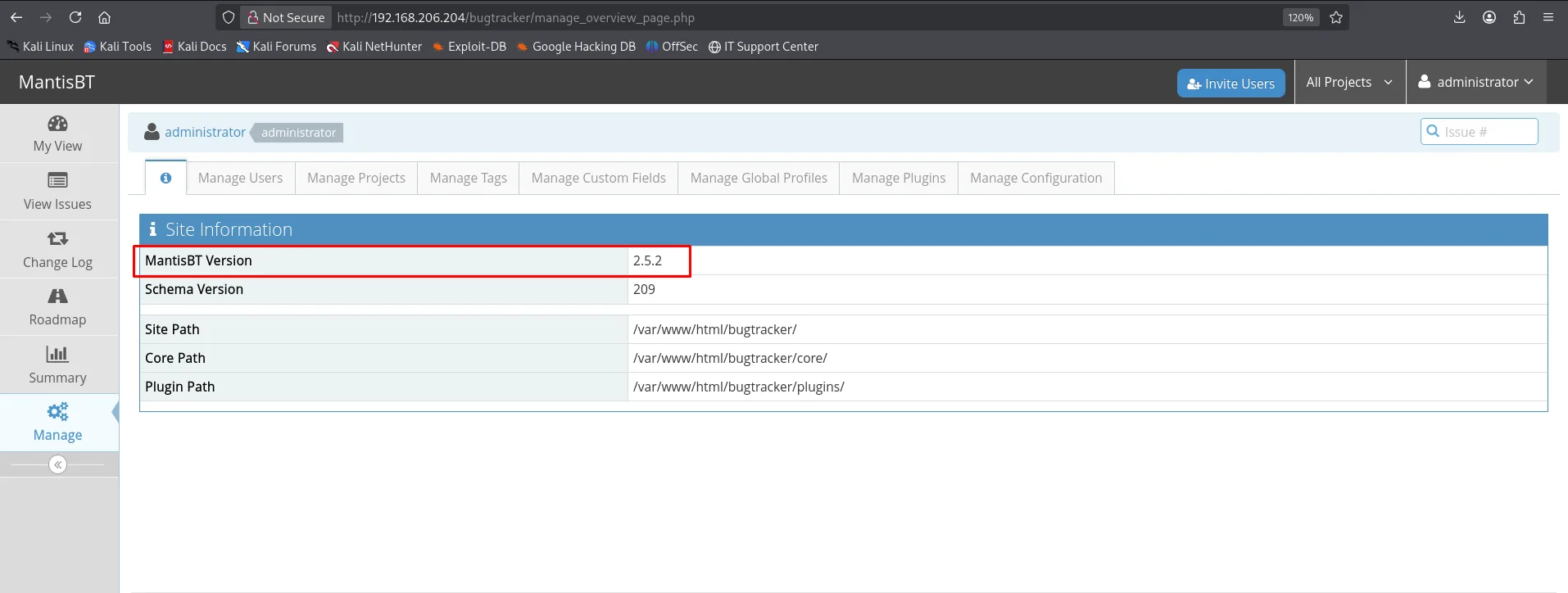 Site Information: MantisBT 2.5.2, esquema 209 y Site Path /var/www/html/bugtracker/