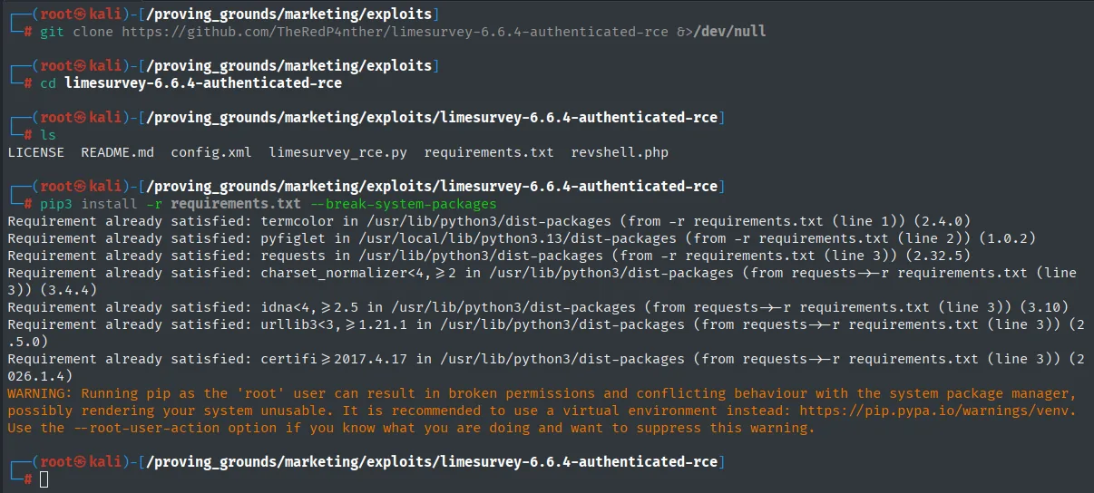 git clone del exploit, ls (config.xml, limesurvey_rce.py, revshell.php) y pip3 install