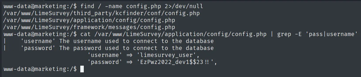 config.php de LimeSurvey con username limesurvey_user y password EzPwz2022_dev1$$23!!