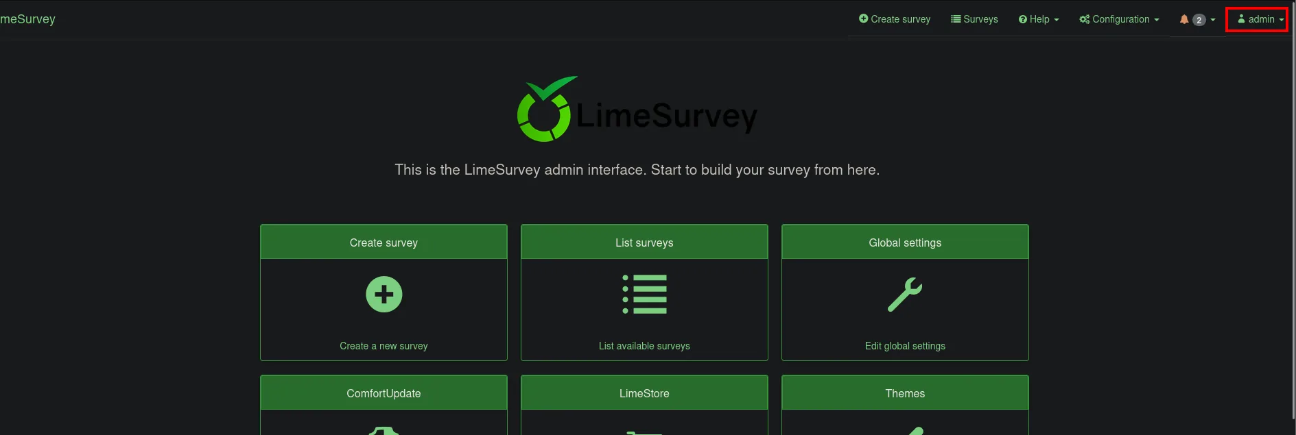 Panel de administración de LimeSurvey tras el login como admin