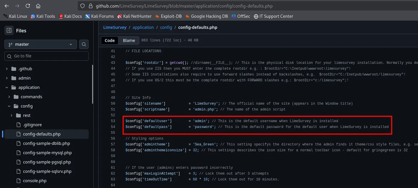 config-defaults.php: defaultuser = 'admin' y defaultpass = 'password'