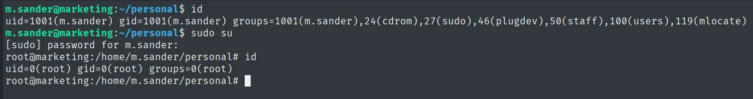 id de m.sander (grupo 27 sudo); sudo su da uid=0(root)