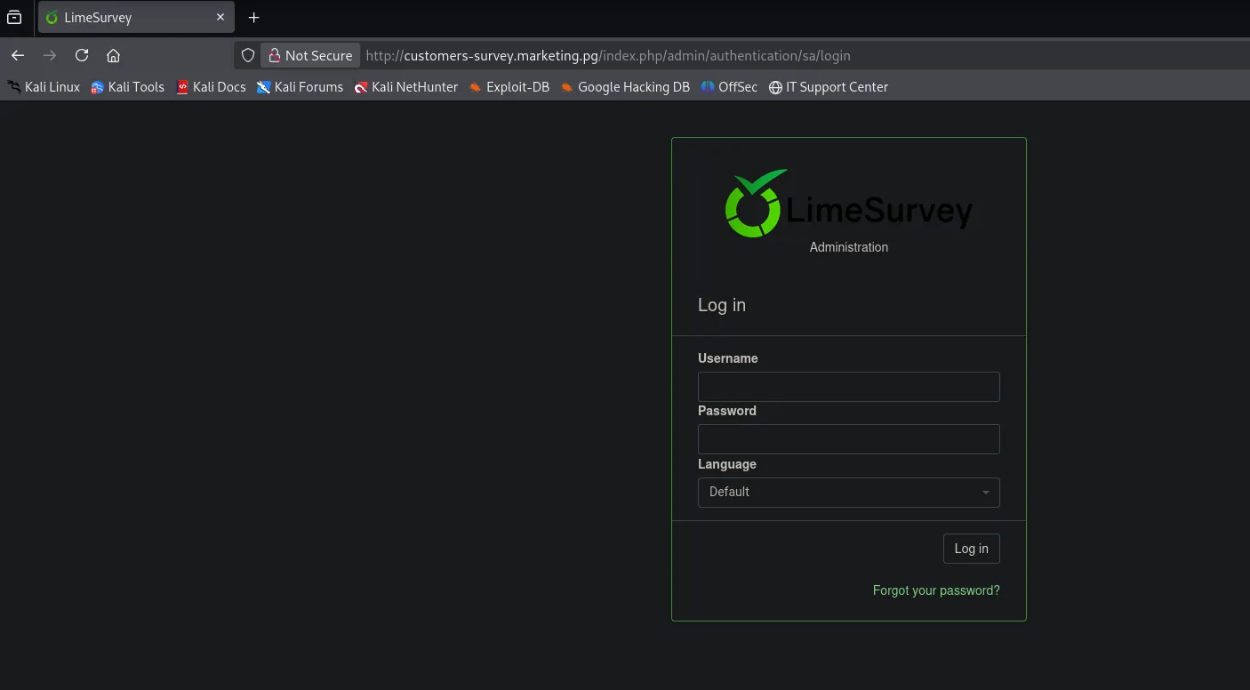 Formulario de login de LimeSurvey en customers-survey.marketing.pg