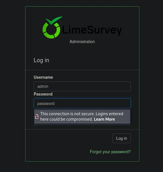 Login de LimeSurvey con admin / password