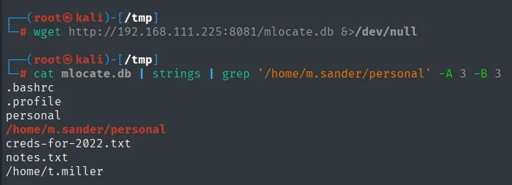 strings de mlocate.db revela /home/m.sander/personal/creds-for-2022.txt y notes.txt
