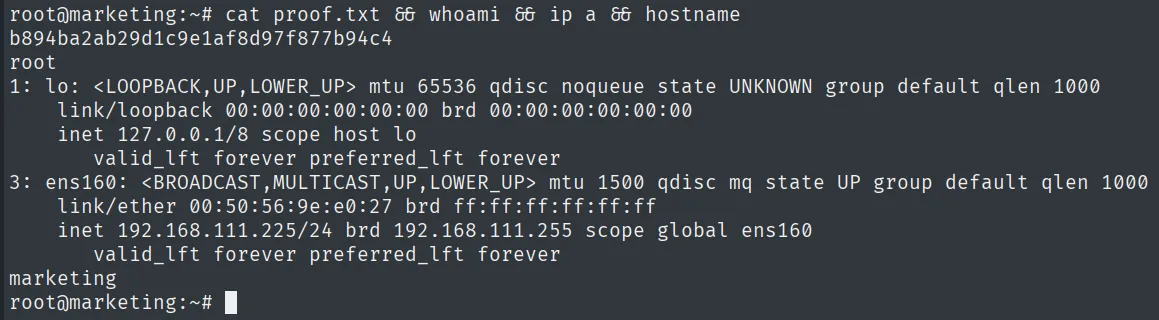 proof.txt leída como root en marketing