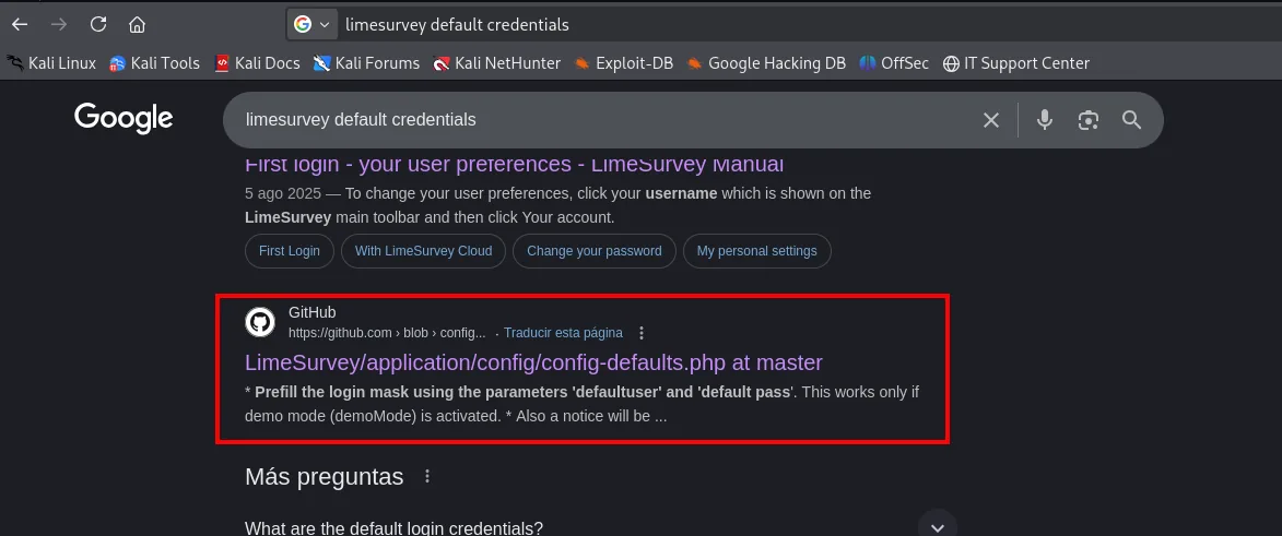 Búsqueda "limesurvey default credentials" que apunta a config-defaults.php en GitHub