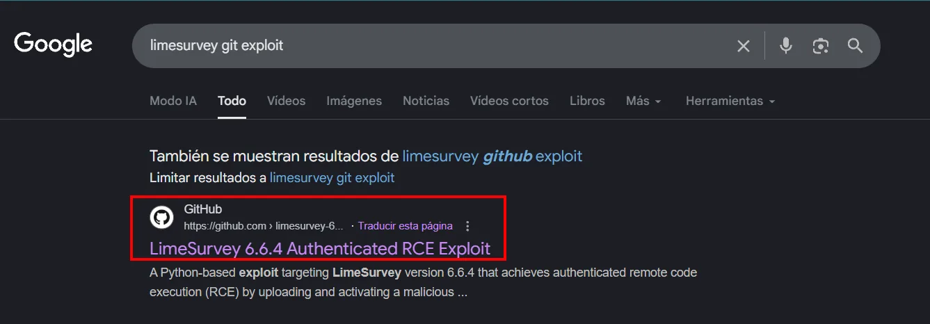 Búsqueda "limesurvey git exploit" que apunta al repo LimeSurvey 6.6.4 Authenticated RCE