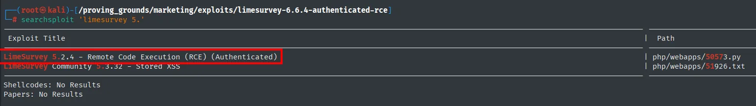searchsploit limesurvey mostrando la entrada de RCE para la versión instalada
