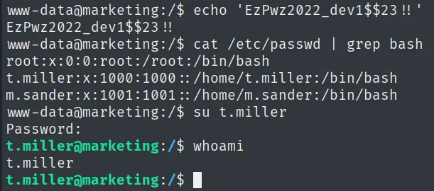 su t.miller con la contraseña reutilizada de config.php; whoami devuelve t.miller