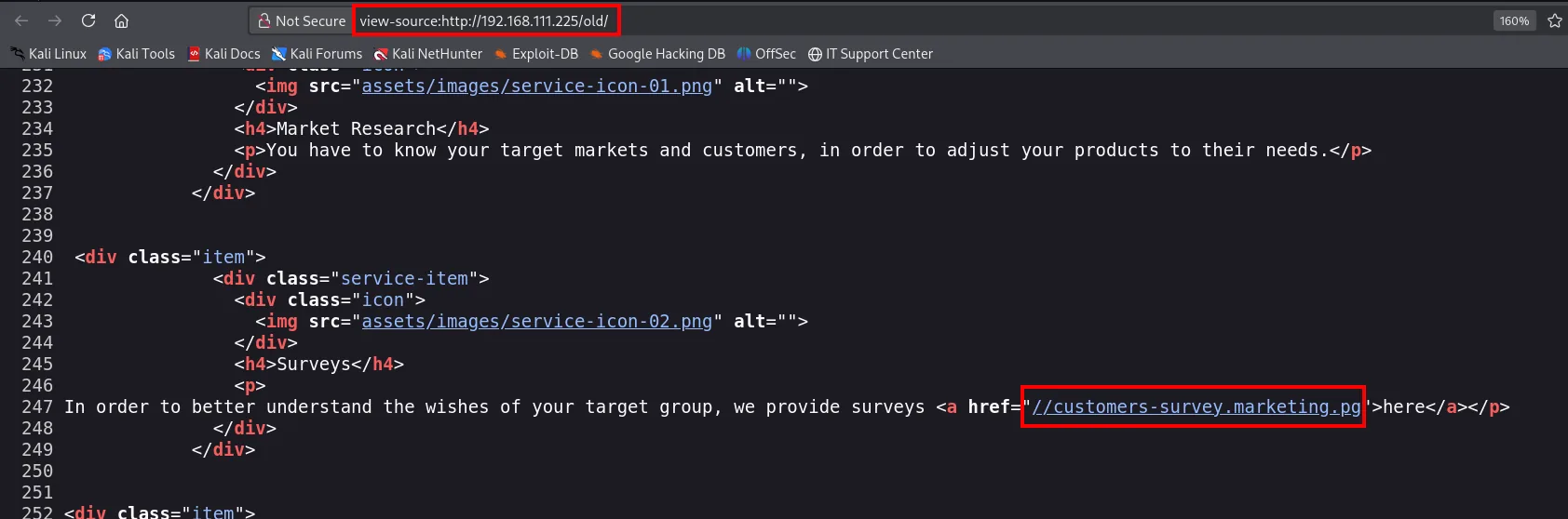 Código fuente de la web revelando el subdominio customers-survey.marketing.pg