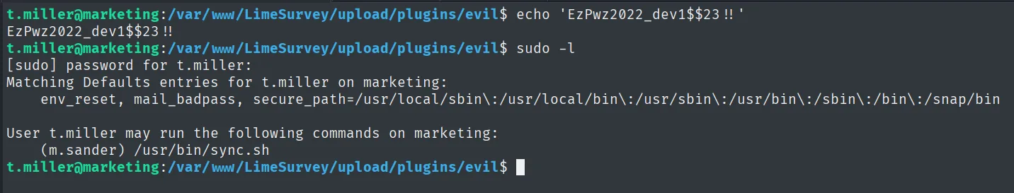 sudo -l: t.miller may run (m.sander) /usr/bin/sync.sh