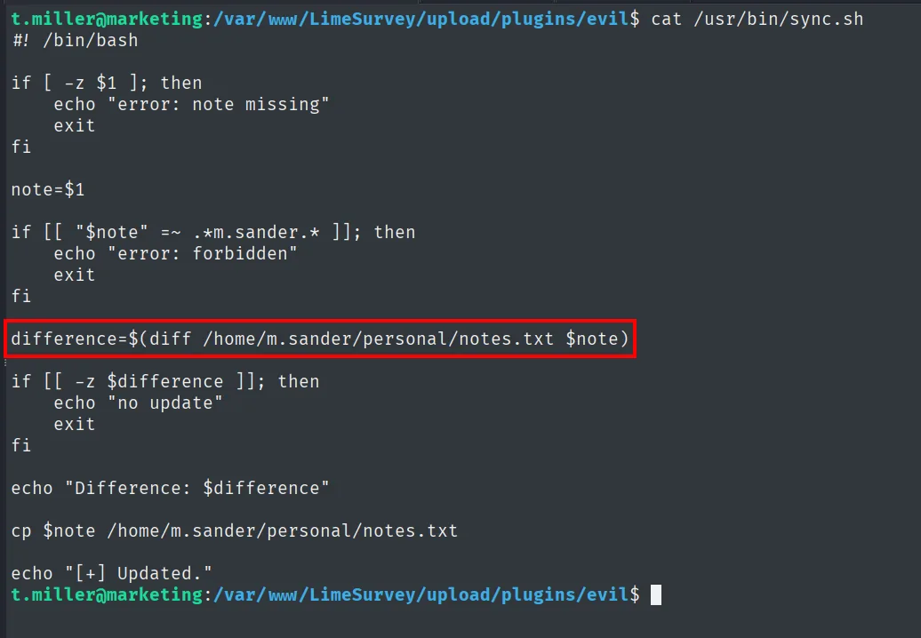 cat sync.sh: filtra rutas con m.sander y hace diff /home/m.sander/personal/notes.txt $note