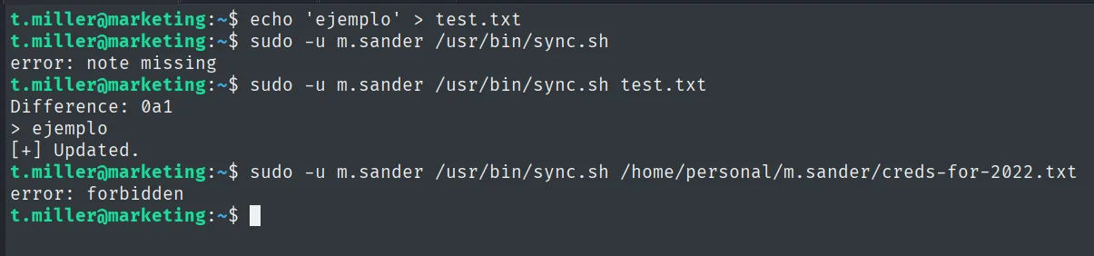 sync.sh con test.txt filtra el diff; con la ruta de m.sander da "error: forbidden"