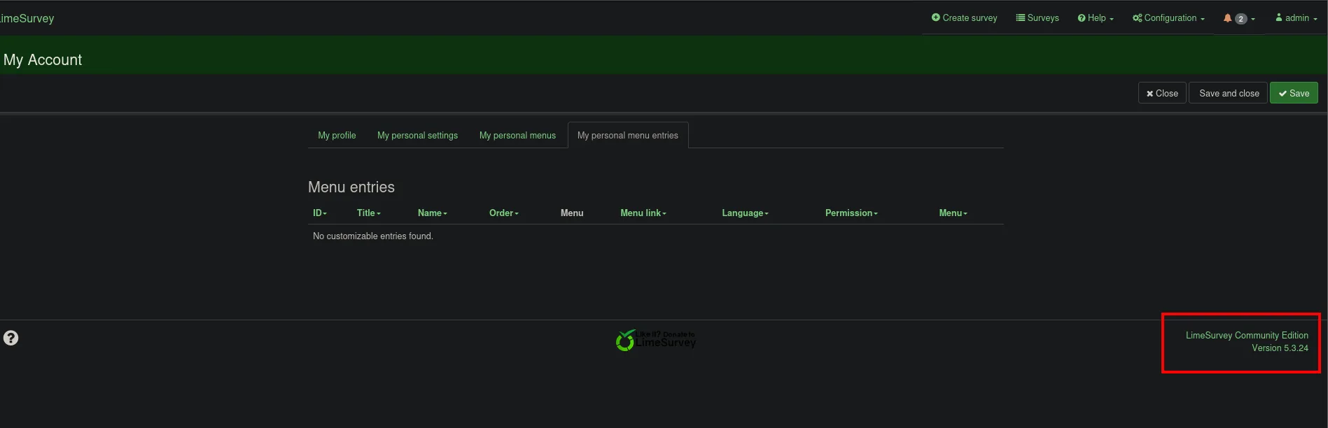 Footer del panel: LimeSurvey Community Edition Version 5.3.24