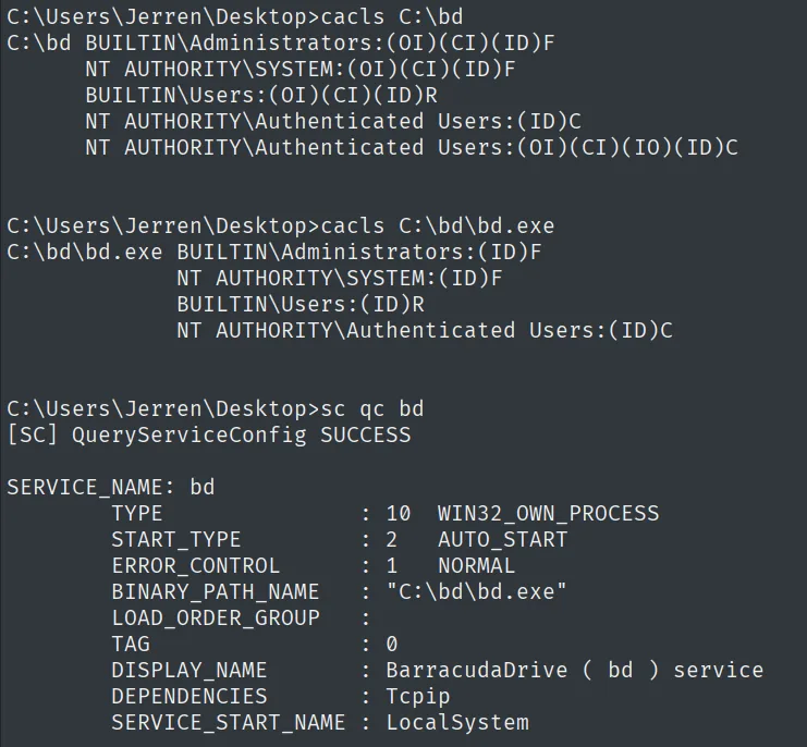 cacls muestra que Authenticated Users tiene Change sobre C:\bd; el servicio bd corre como LocalSystem