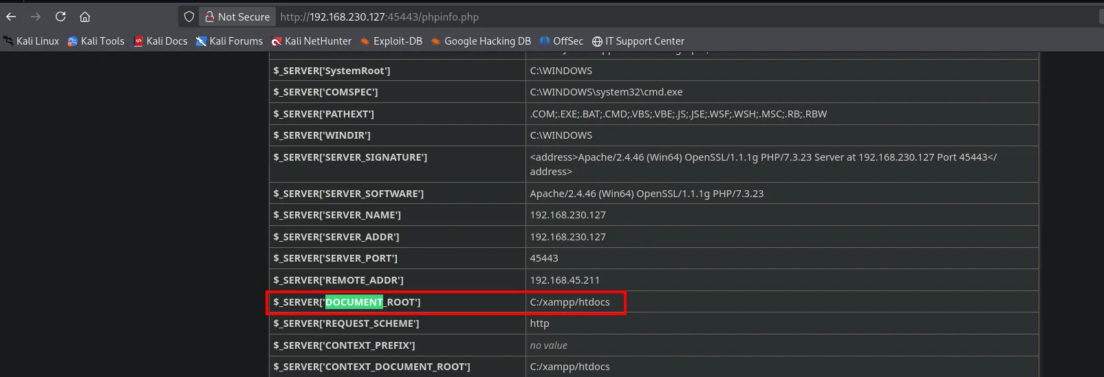 phpinfo.php revela DOCUMENT_ROOT = C:/xampp/htdocs