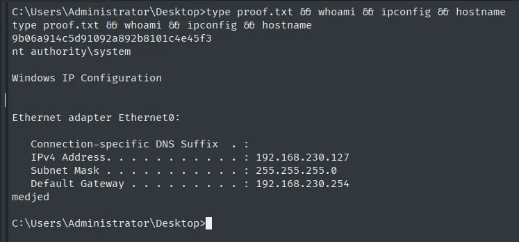 proof.txt leída como SYSTEM en medjed