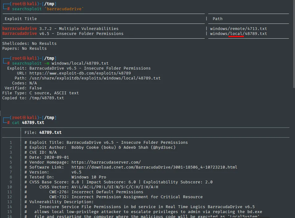 searchsploit barracudadrive muestra BarracudaDrive v6.5 - Insecure Folder Permissions (windows/local/48789.txt)