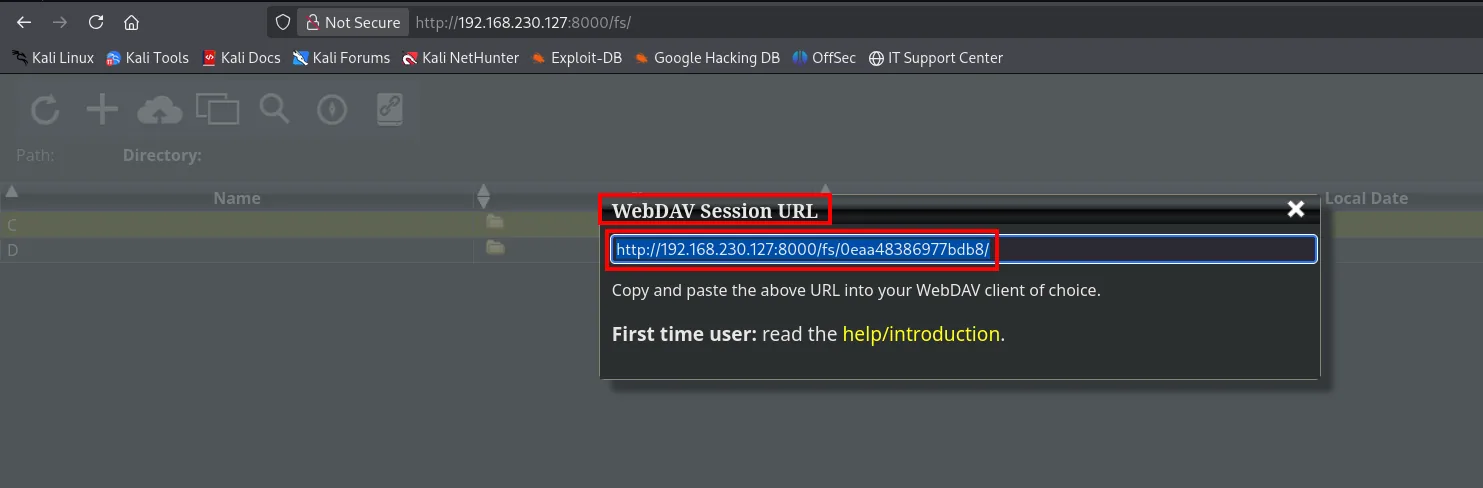WebDAV Session URL http://192.168.230.127:8000/fs/0eaa48386977bdb8/ con las unidades C y D
