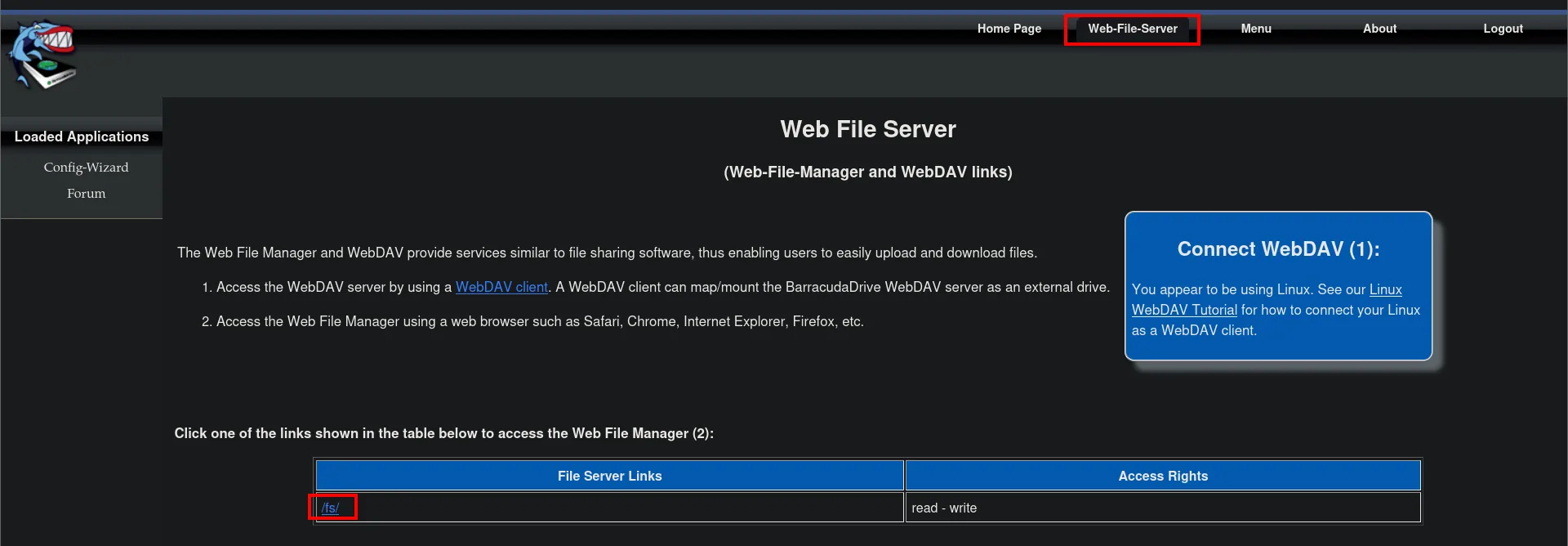 Web File Server de BarracudaDrive con el enlace /fs/ en modo read-write
